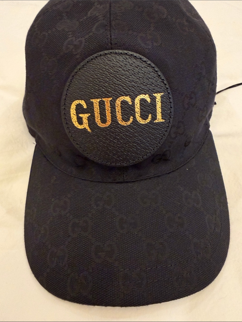 Gucci Baseball Cap With Leather Logo and Gold Lettering